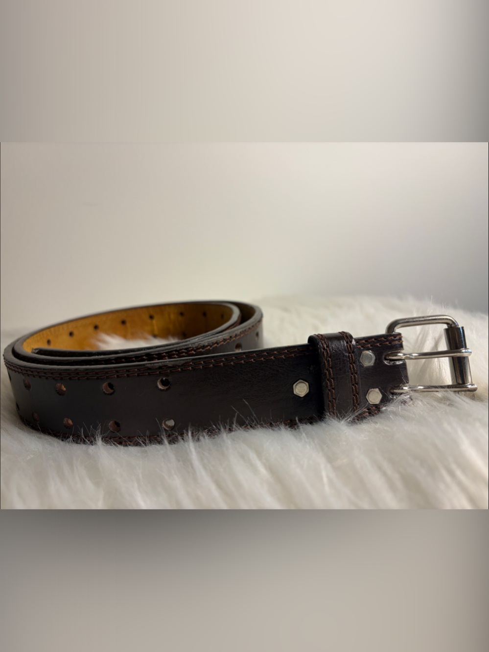 Men's Perforated Dark Brown Leather Belt with Silver Buckle
